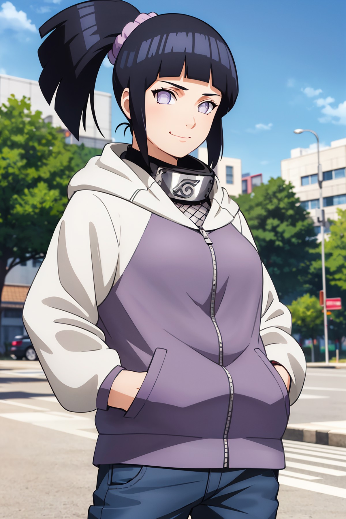 masterpiece, absurdres, 1girl, hinata\(shippuden\), solo,hooded jacket, hands on hips, smile, blue pants, alternate hairst...